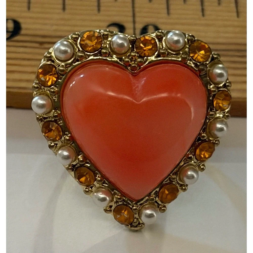 Gold Tone Coral Pink Resin Heart Statement Ring  Adjustable Cocktail Rhinestones
